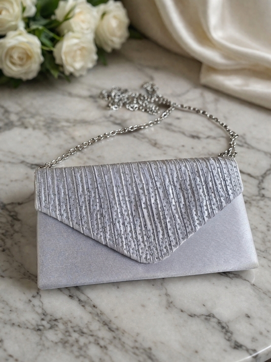 Handbags - Silver Textured Envelope Clutch with Chain Strap
